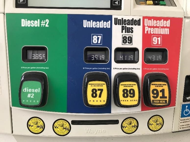 image of gas pump showing prices of diesel and gas with buttons to choose your product 